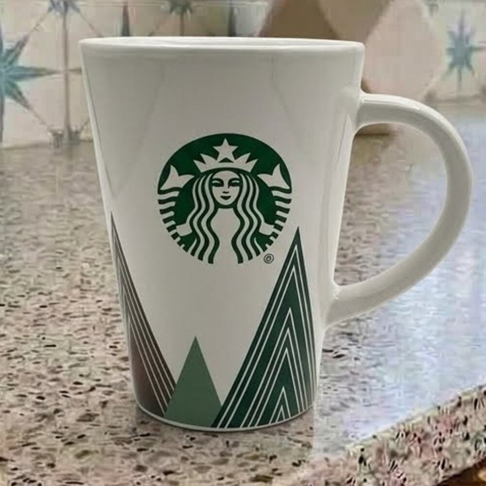 Starbucks Classic White Green Siren Mermaid Mountain Peaks Coffee Mug 16 oz